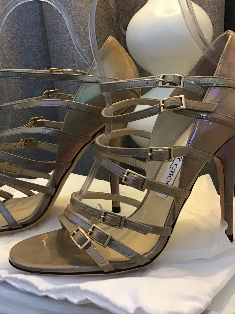 Jimmy Choo Iridescent Champagne Strappy Stiletto Sandals